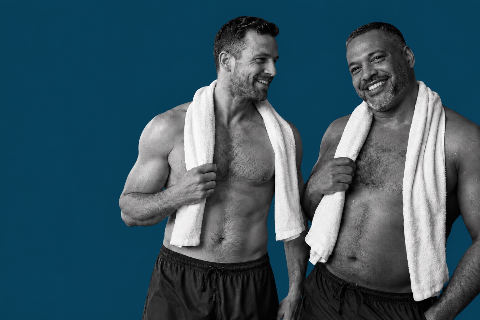 Illustrative portrait of two adult men standing against a plain deep Acqua blue background