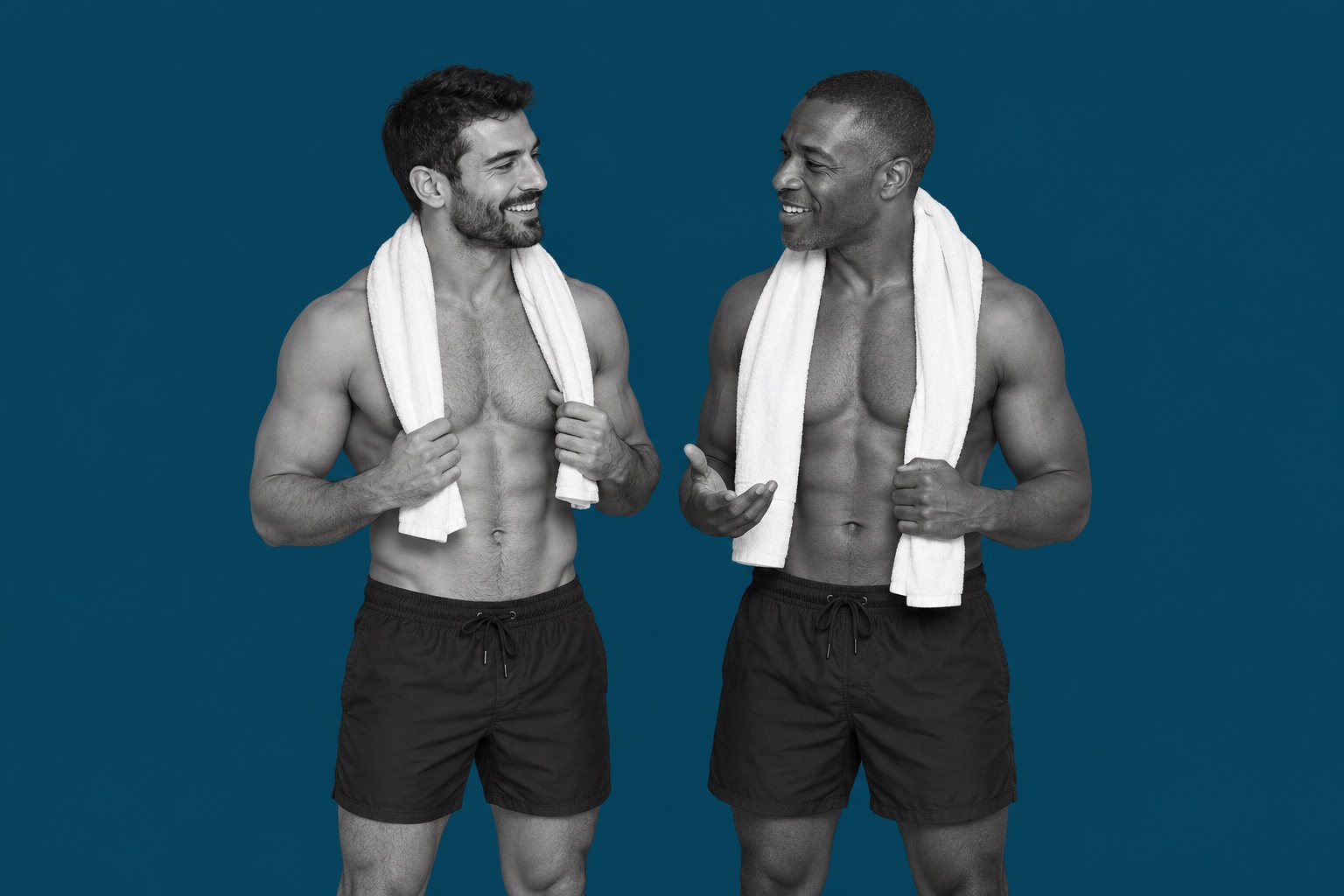 Illustrative portrait of adult men against a plain deep Acqua blue background