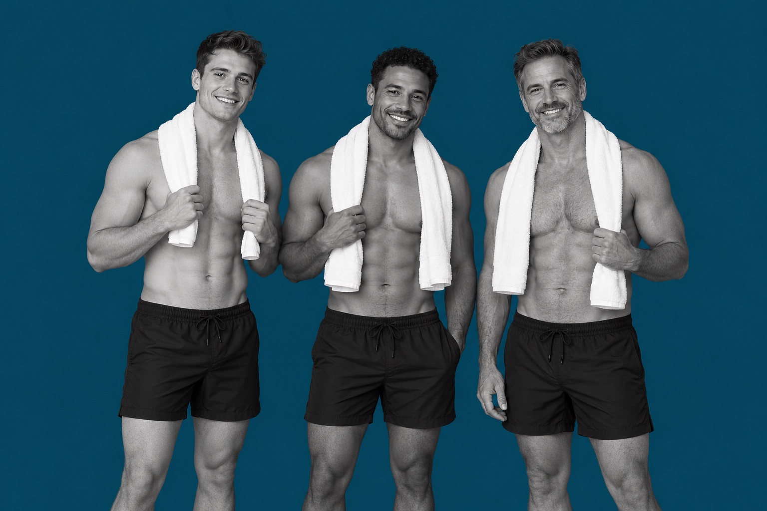 Illustrative portrait of adult men against a plain deep Acqua blue background